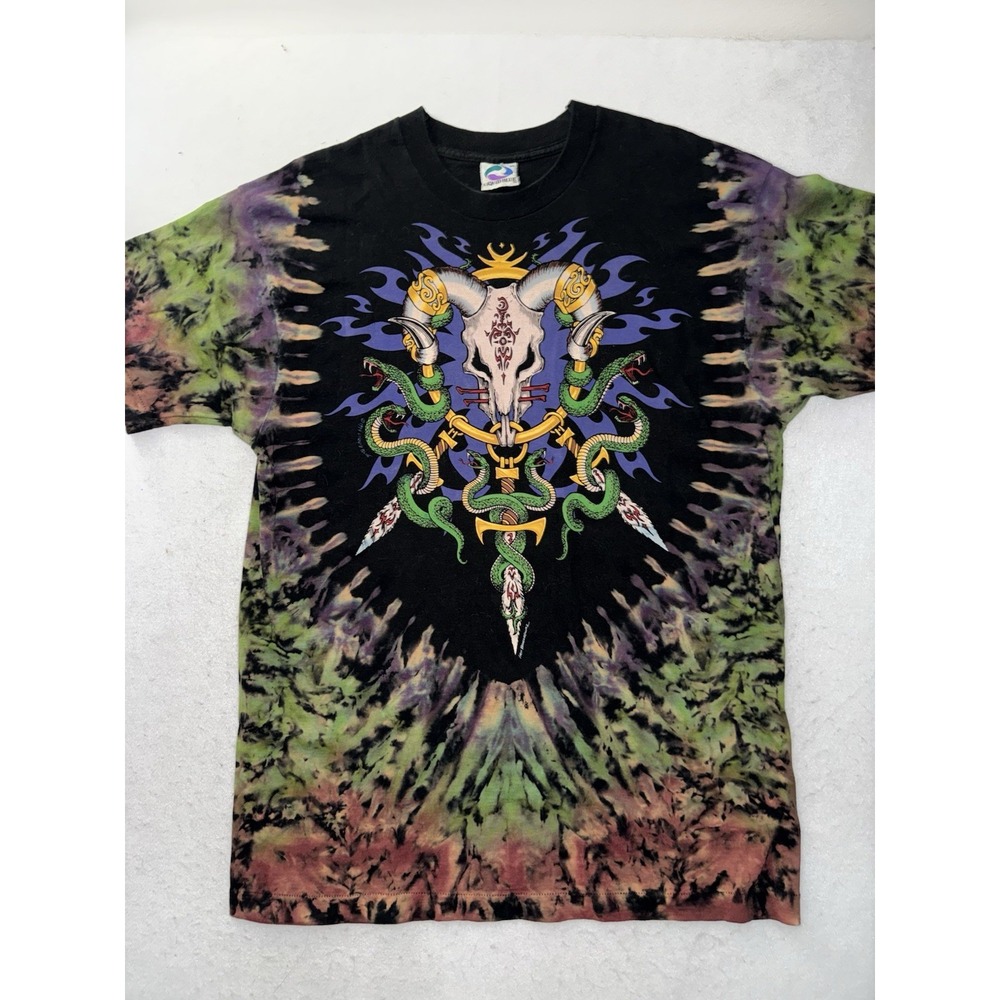 Vintage 1994 Liquid‎ Blue Ian Bohorquez Goat Skull Snake Tie Dye Shirt XL GREAT